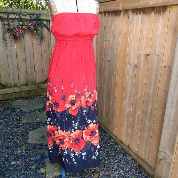 Strapless Red Dress Size Small Chic by Jacob Red Floral Border - Picture 1 of 9